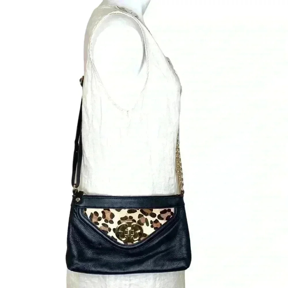 Emma Fox black cheetah mob wife leather crossbody gold chain/ leather strap